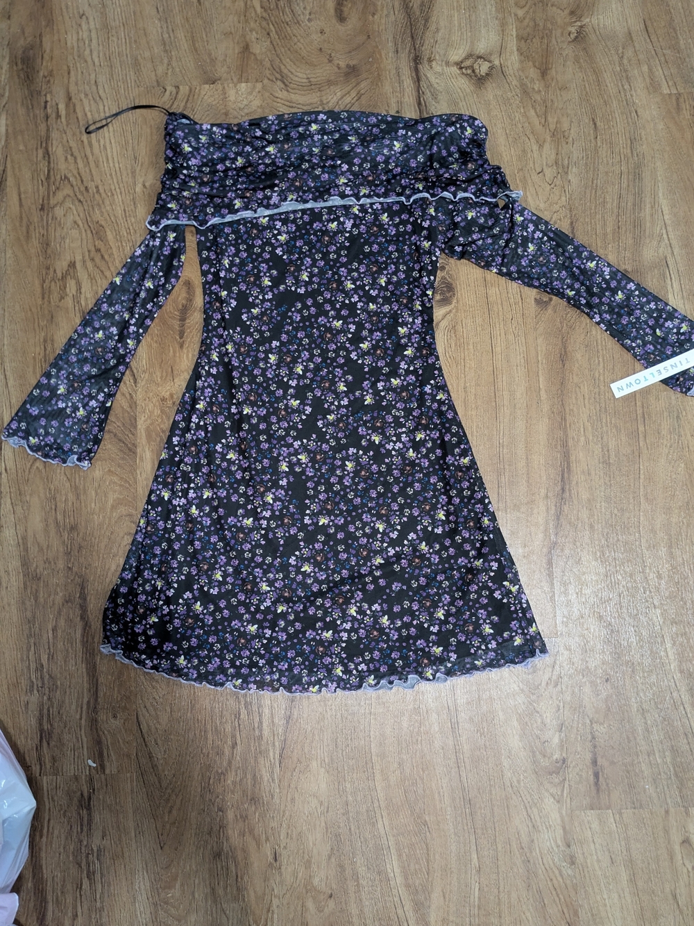Tinseltown Black Off‑Shoulder Mini Dress with Purple Floral Print